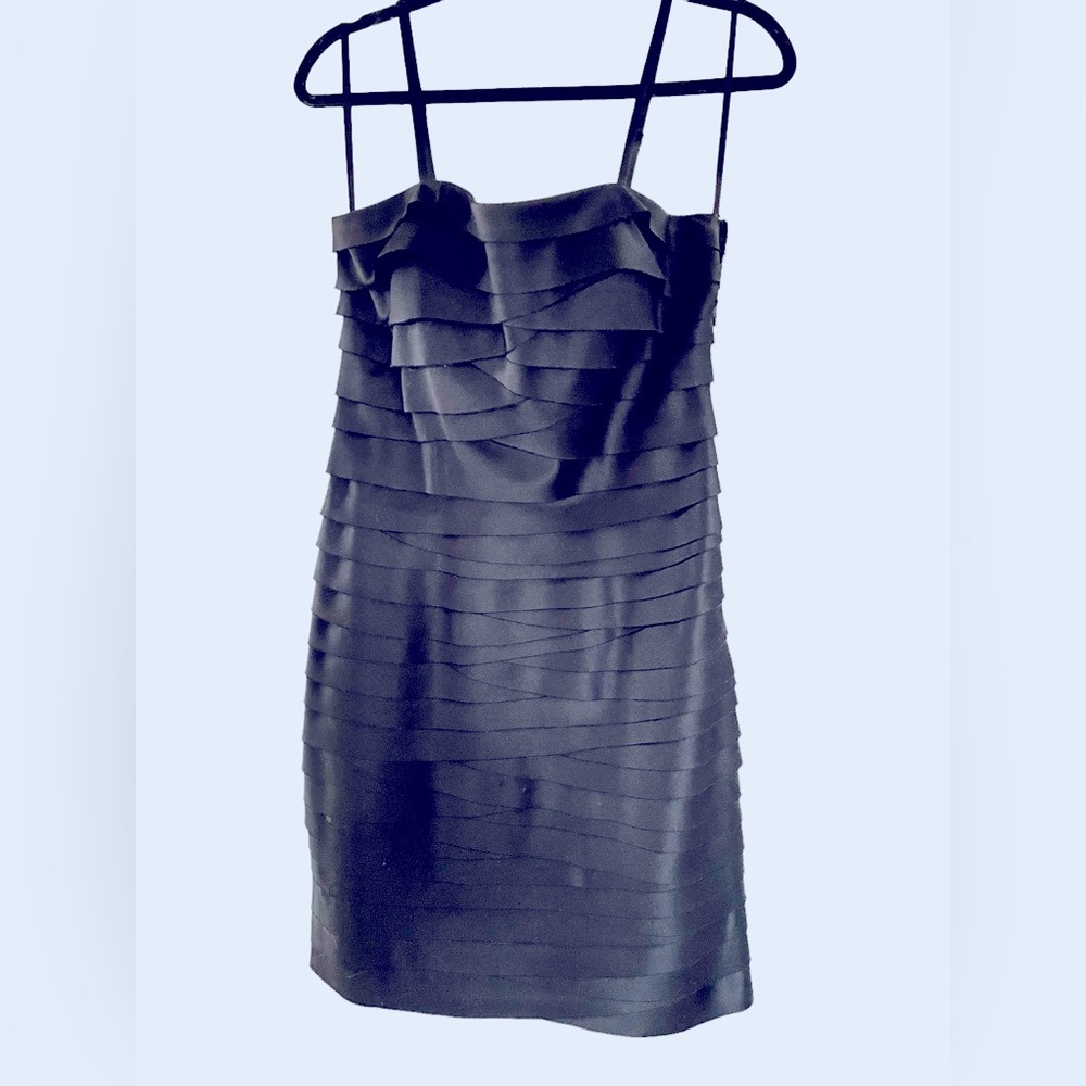 LBD Pleated Black satin cocktail dress.